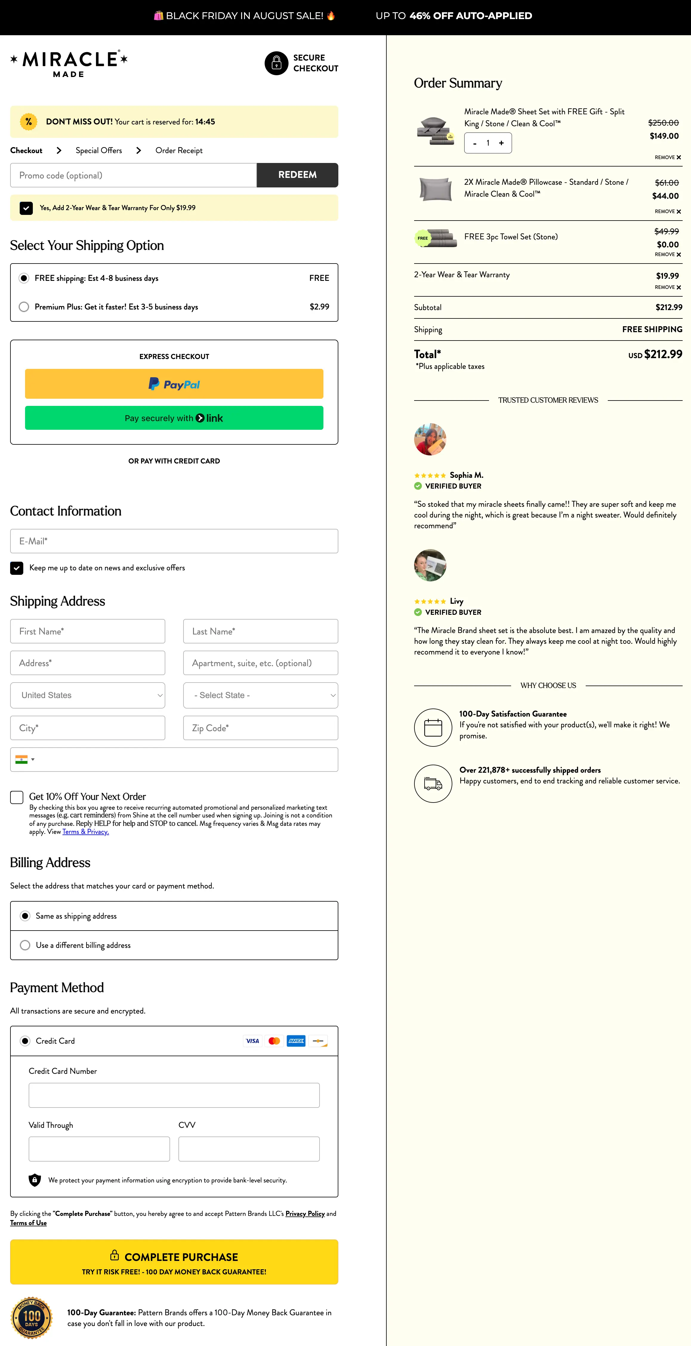 Miracle Sheets 100% Secure Checkout page